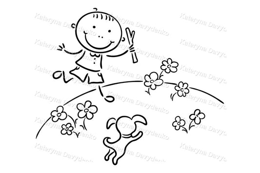 Black and white illustration of a child and dog