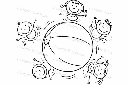 Black and white illustration of children playing with a beach ball.