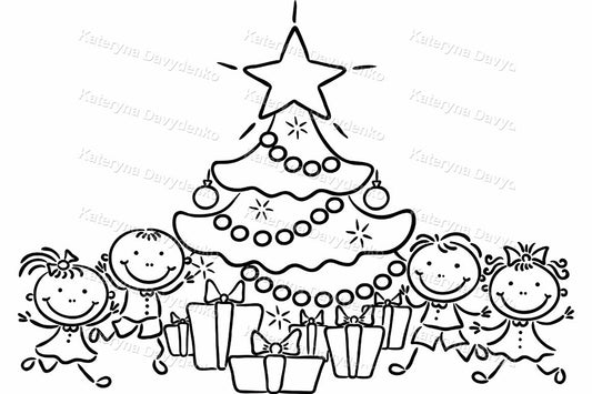 Black and white illustration of children around a Christmas tree with presents underneath.