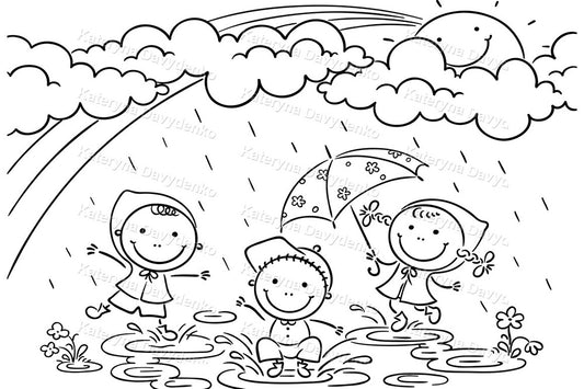 Children playing in the rain with umbrellas and puddles, black and white illustration.
