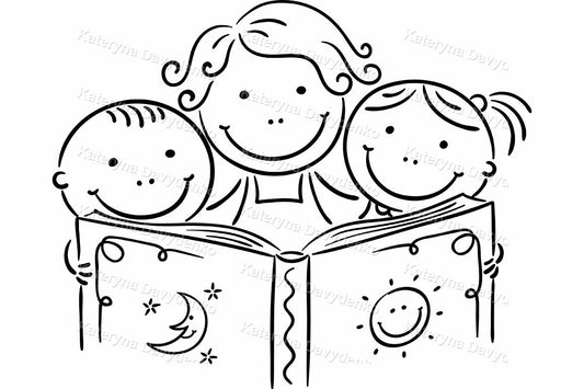 Illustration of a family reading a book together, with a black and white style.