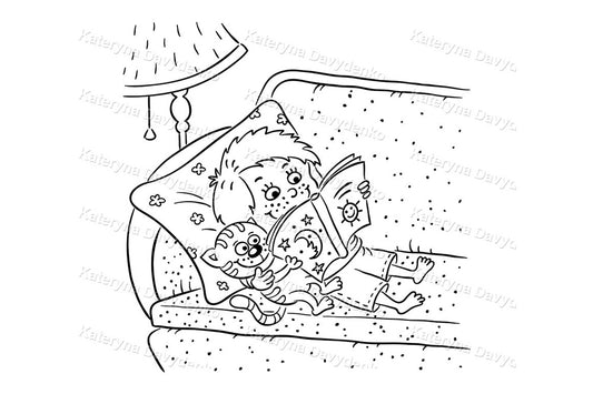 Black and white illustration of a child reading a book on the couch with a cat