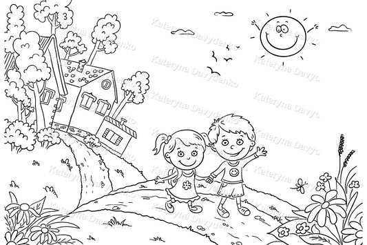Coloring page with two children standing on a path near a house, trees and flowers.