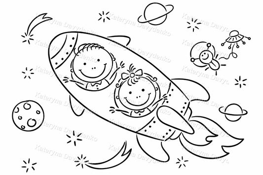 Black and white illustration of a rocket with children inside, surrounded by space elements like planets and stars.