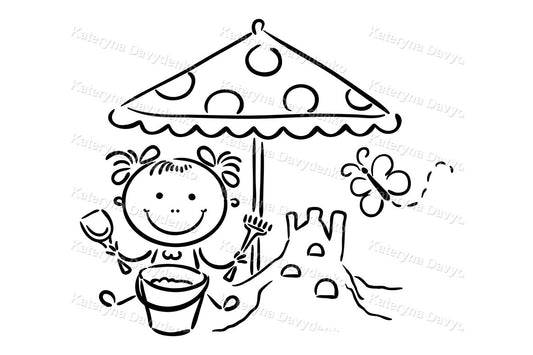 Black and white illustration of a child playing in the sand with an umbrella and bucket.