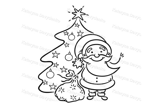 Black and white illustration of Santa Claus with a Christmas tree