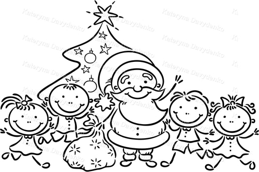 Black and white illustration of Santa Claus with children and a Christmas tree.