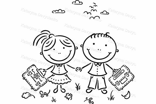 Black and white illustration of two children holding hands with backpacks.