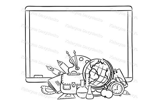Black and white illustration of educational items around blackoard