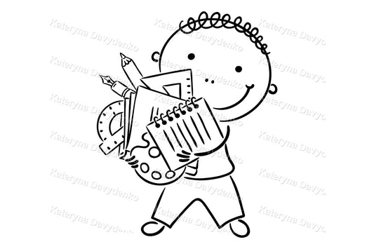 Black and white illustration of a child holding school supplies 