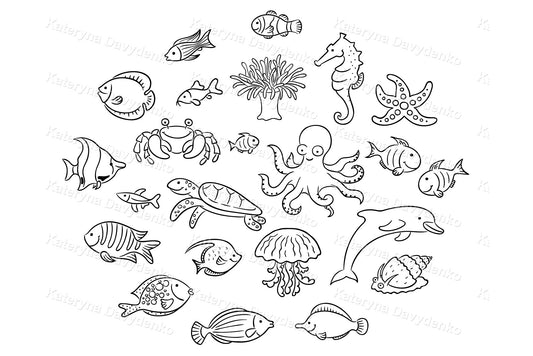 Collection of black and white ocean-themed illustrations. Sea animals clipart