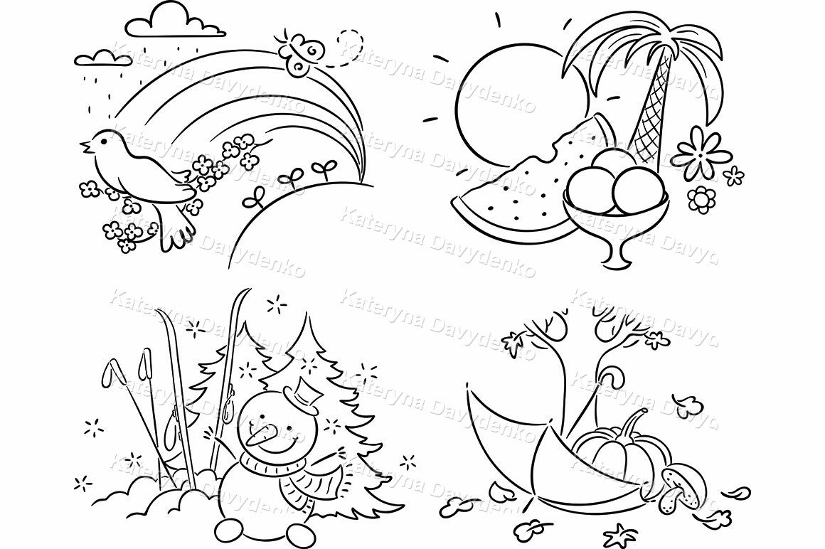 Black and white clipart set of spring, summer, autumn and winter scenes