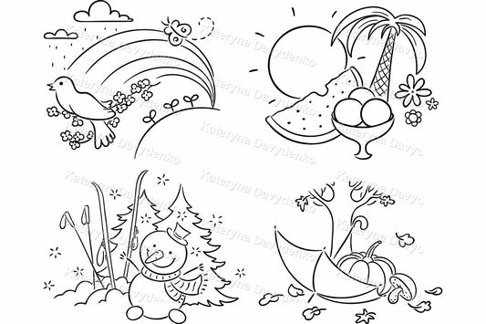 Black and white clipart set of spring, summer, autumn and winter scenes
