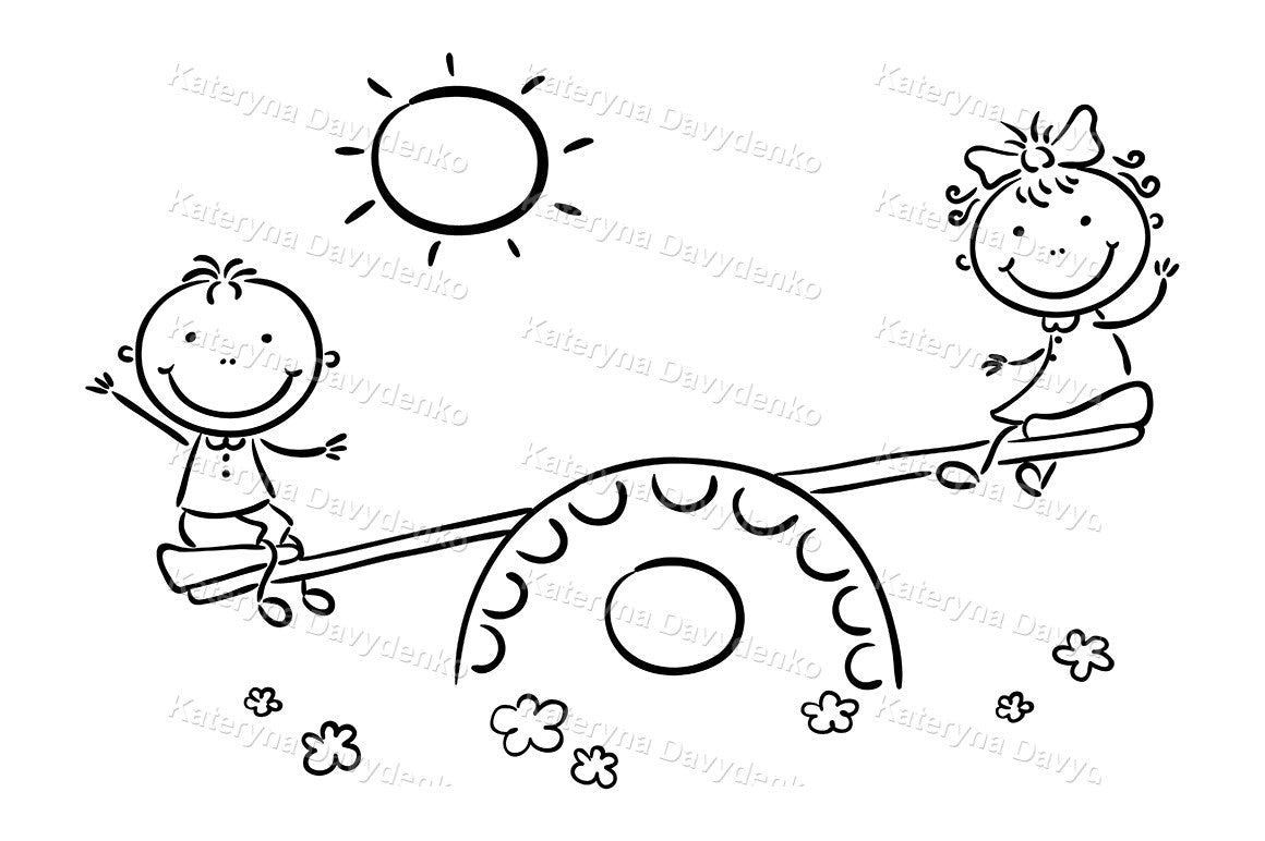 Black and white illustration of two children on a seesaw with a sun and flowers in the background.