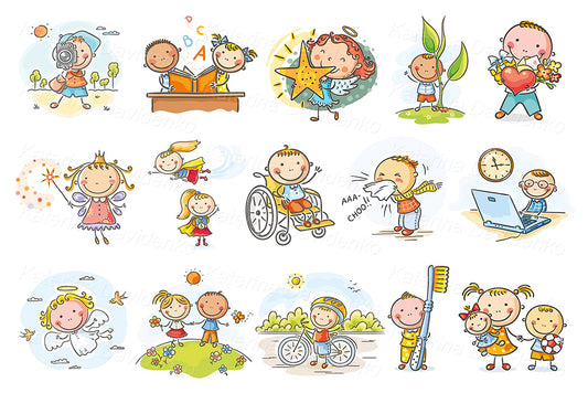 Set of cartoon kids, doodle children, hand drawn characters