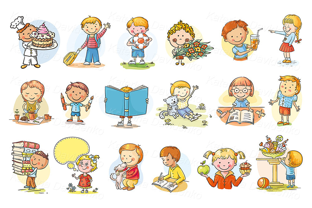 Set of happy cartoon kids clipart. Cute children vector illustration