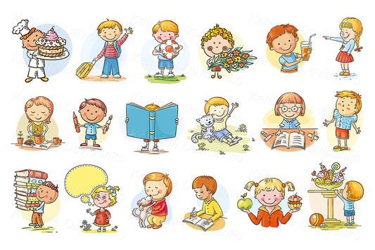Set of happy cartoon kids clipart. Cute children vector illustration