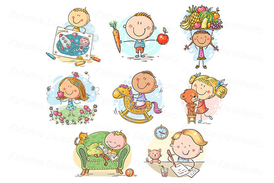 Set of doodle kids clipart. Happy cartoon children vector illustration