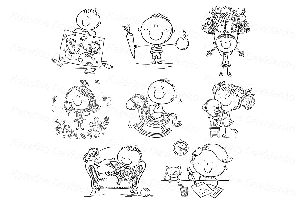 Daily Activities Kids Clipart Set – Educational Cartoon PNG for Printables