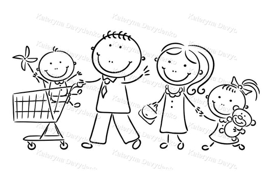 Black and white illustration of a family with children shopping.