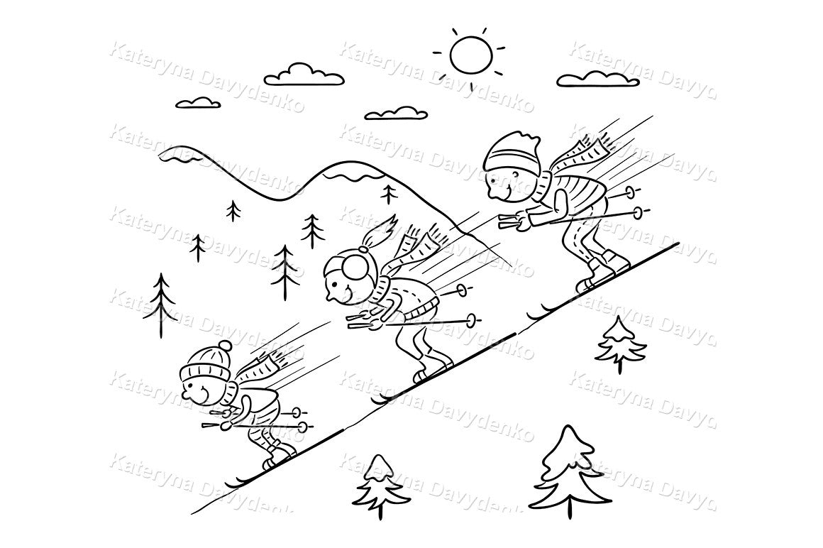 Doodle family skiing in the mountains in winter. Line art cartoon illustration