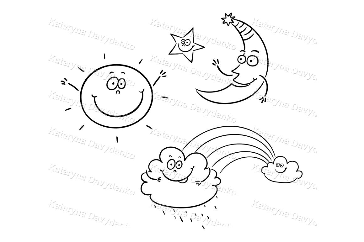 Black and white illustration of a sun, moon, star and rainbow.