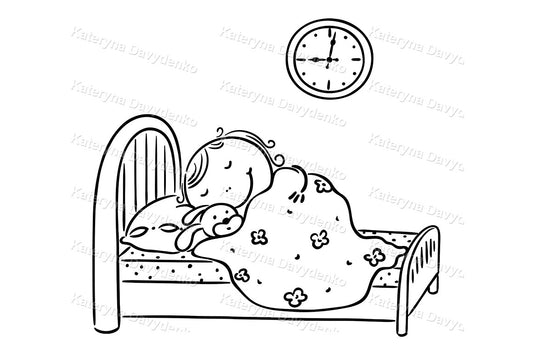 Illustration of a child sleeping in bed with a clock above the bed.