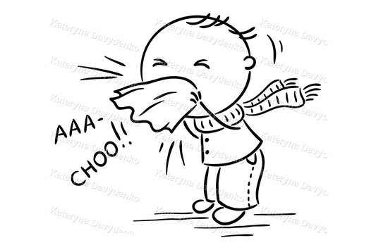 Black and white illustration of a child sneezing into a handkerchief with 'AA-CHOO!!' text.