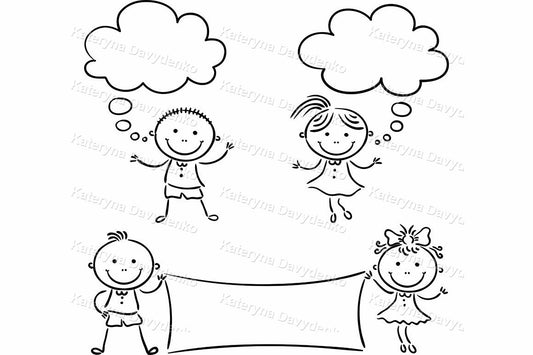 Speech bubbles kids clipart. Outline doodle set