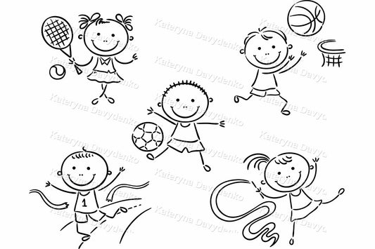 Illustrations of children playing sports