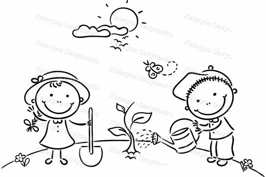 Black and white illustration of two children gardening