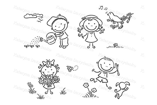 Line art illustrations of children engaged in various activities