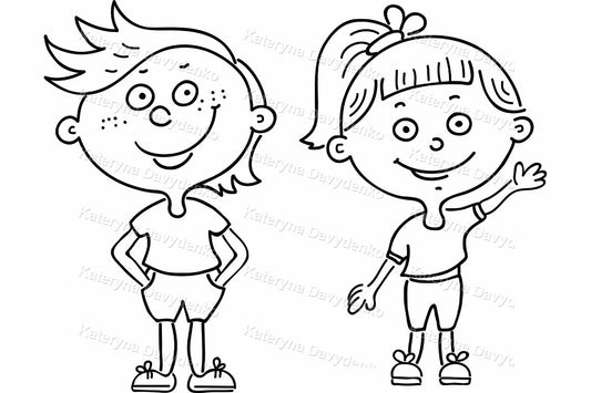 Black and white line art of two cartoon children
