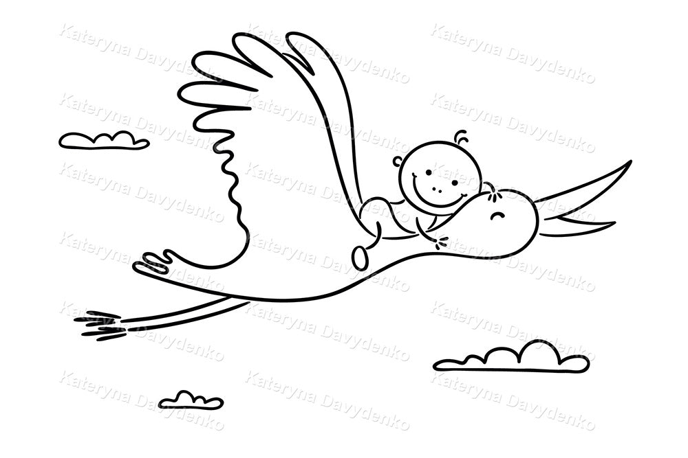 Black and white illustration of a smiling baby riding a flying stork.