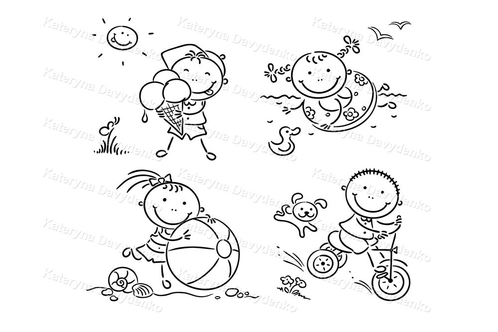 Black and white illustration of children playing on a beach with beach balls, sand toys and a bicycle.
