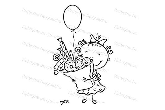 Black and white illustration of a girl with balloons and candy.