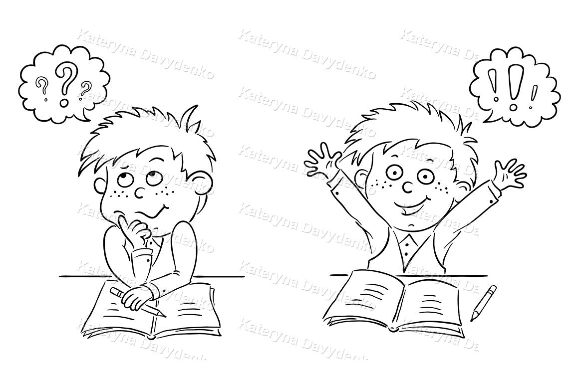 Two cartoon boys with expressions of thinking and excitement, sitting at desks with books and pencils.