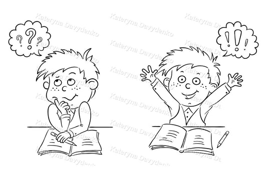 Two cartoon boys with expressions of thinking and excitement, sitting at desks with books and pencils.