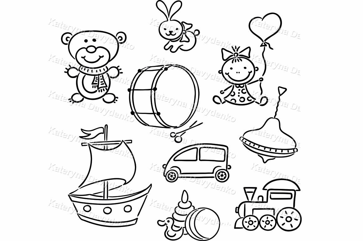 Set of black and white line drawings of toys