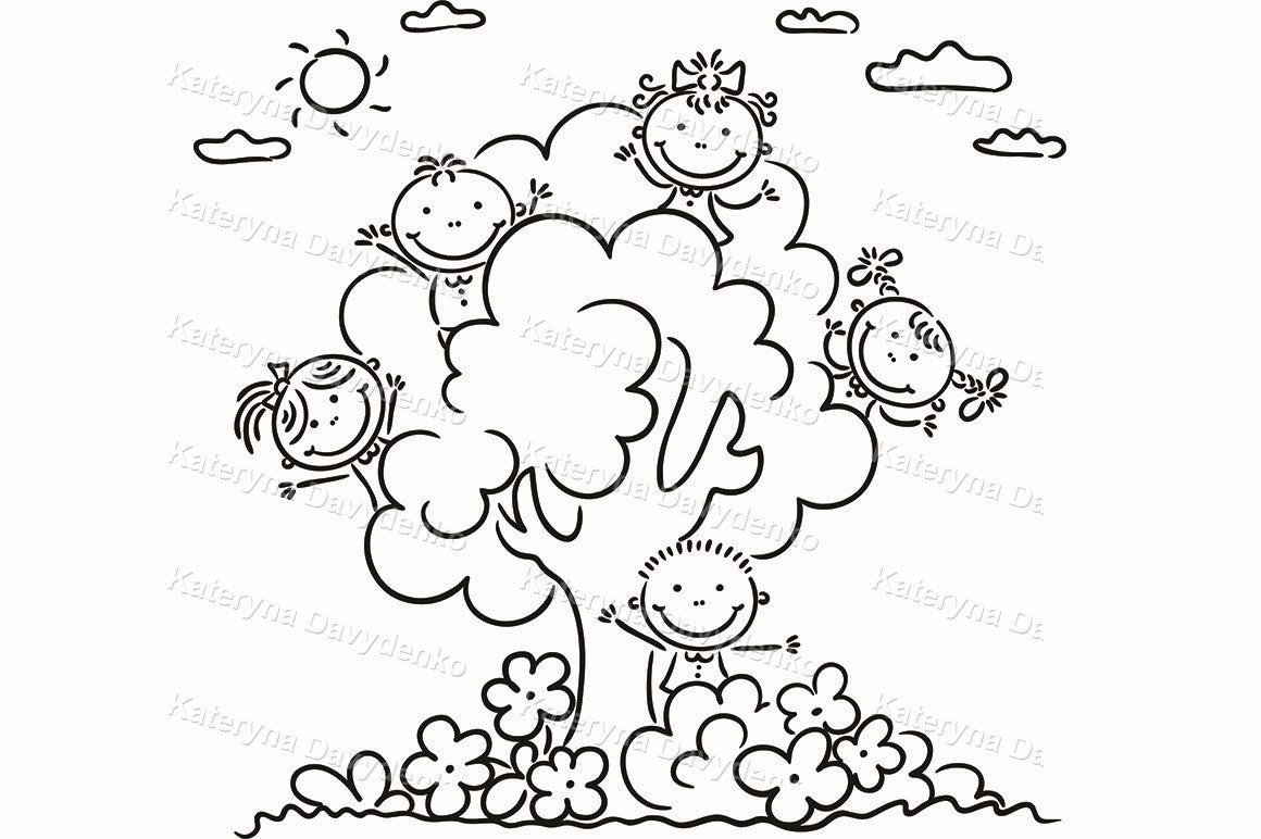 Black and white illustration of children playing in tree