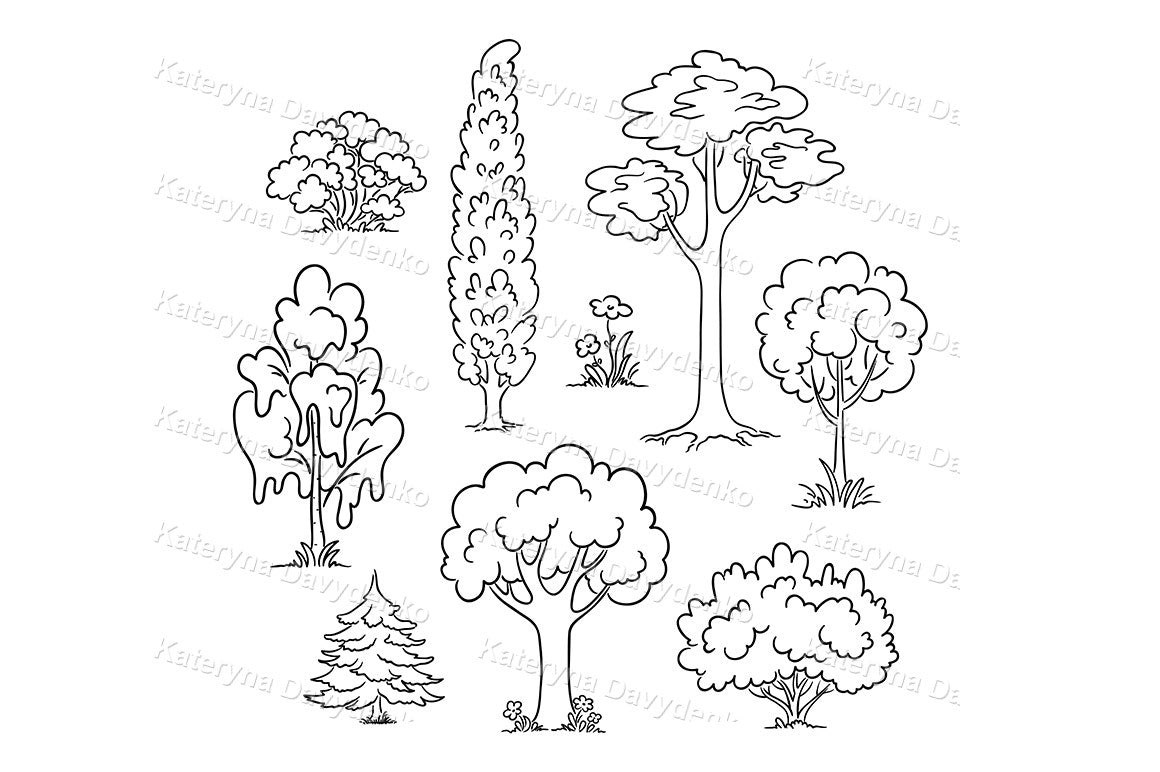 Set of black and white tree illustrations