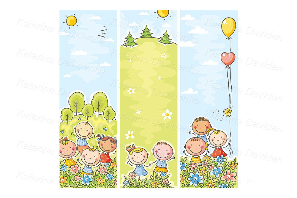 Set of 3 vertical cartoon kids banners with copy space