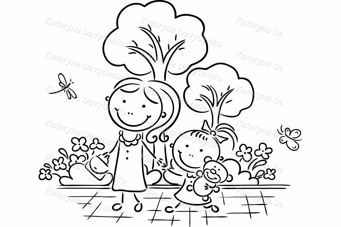 Doodle illustration of mother and daughter walking in a park