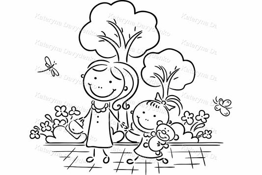 Doodle illustration of mother and daughter walking in a park
