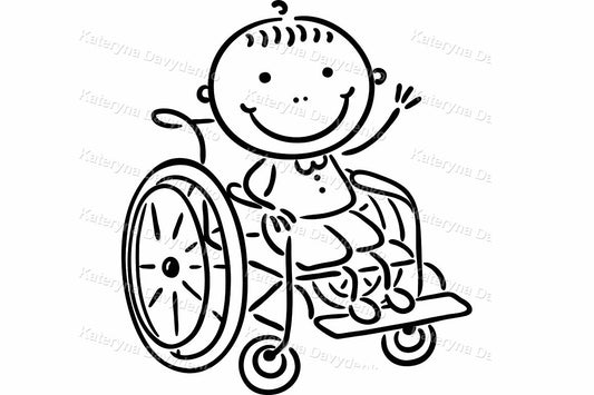 Black and white illustration of a child in a wheelchair with a happy expression.
