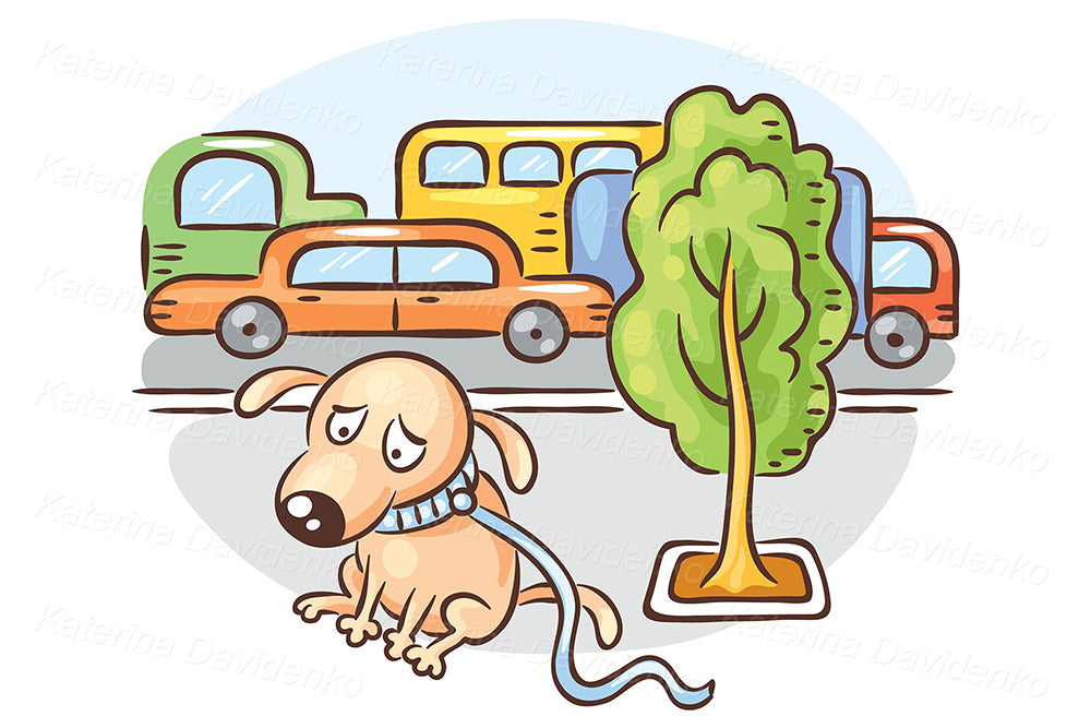 A dog is lost in a busy city street. Cartoon pets clipart