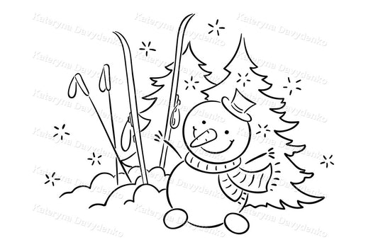 Black and white line drawing of a snowman.