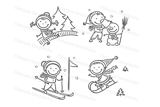 Winter kids activities clipart set. Doodle illustration