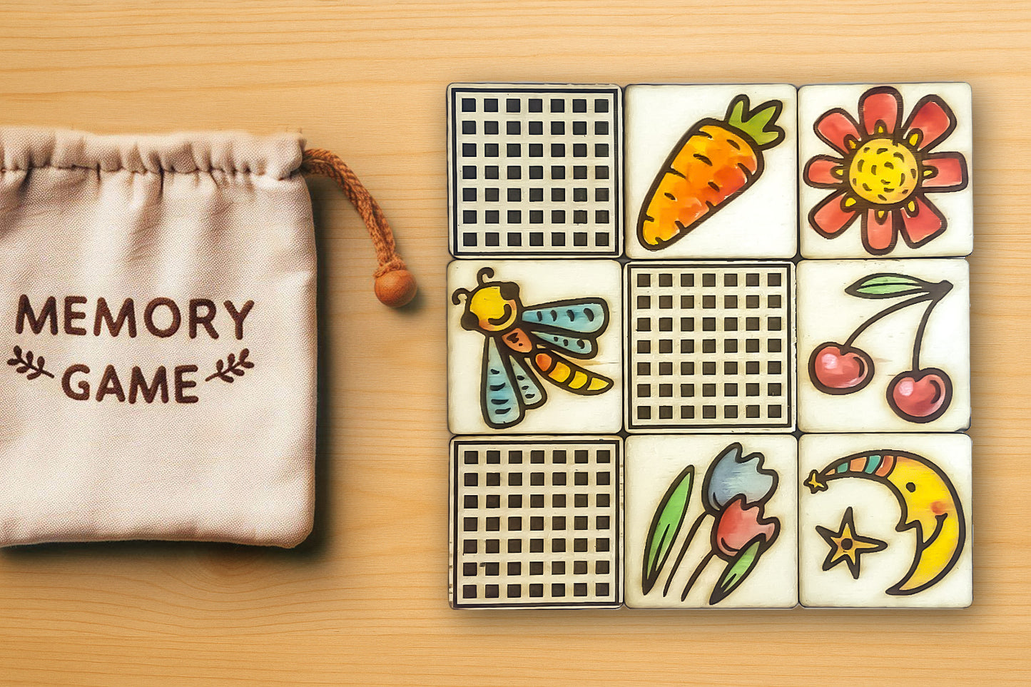 Nature Memory Game for Children. Laser Cut Wooden Matching Cards