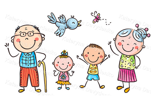 Cartoon grandparents and two children